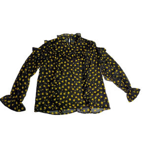 Who What Wear Shirt Womens Medium Blouse Long Sleeve Ruffle Black Yellow Floral